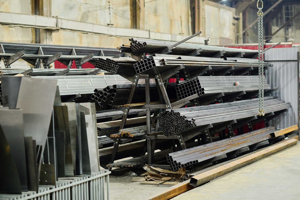 Stack of metal materials in a warehouse.